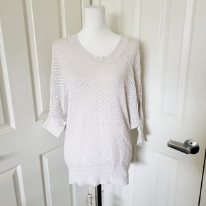 Express | White w/ Gold Shimmer Open Knit 3/4 Sleeve Sweater (SIZE M)